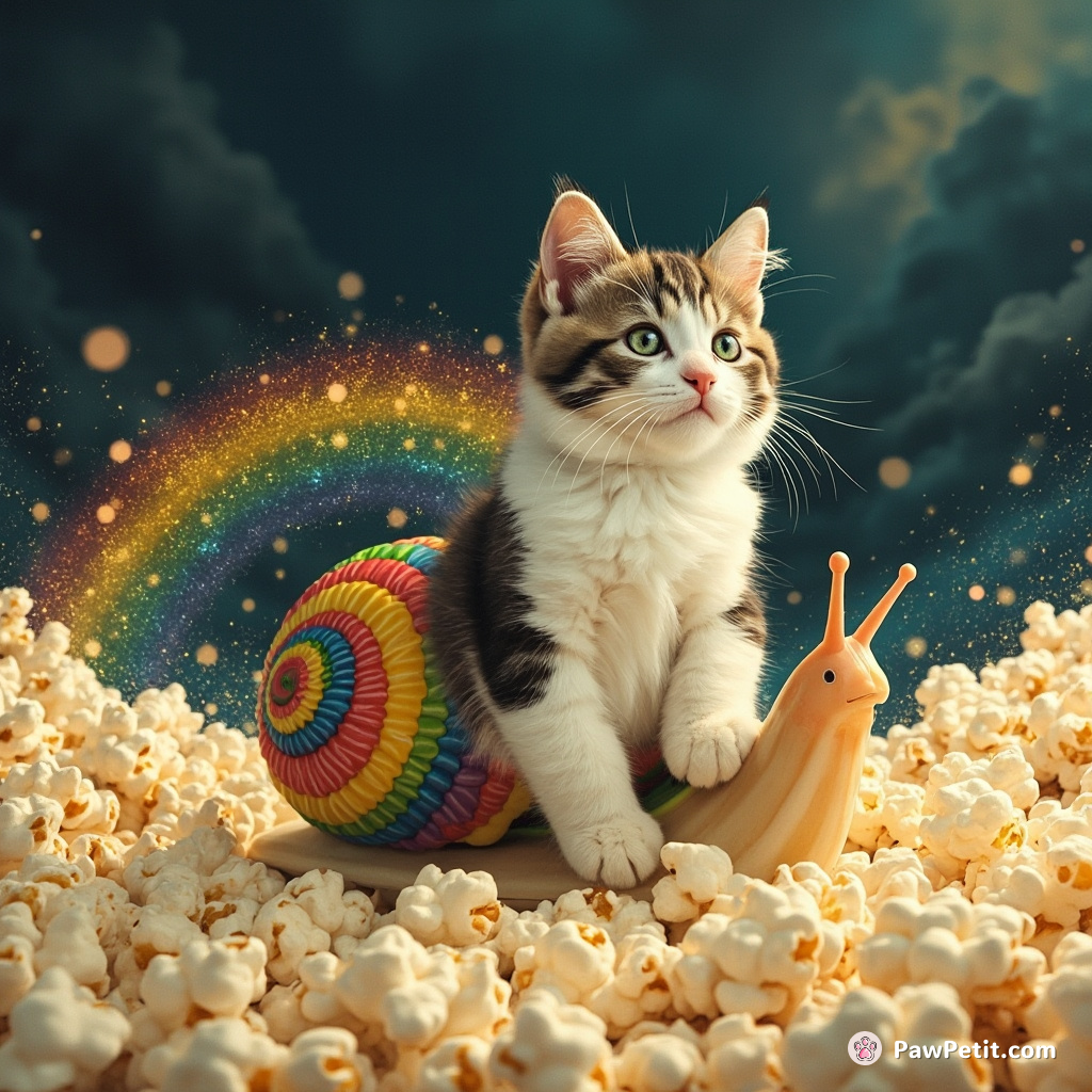 A cat riding a sparkling rainbow snail through a stormy sea of popcorn kernels.