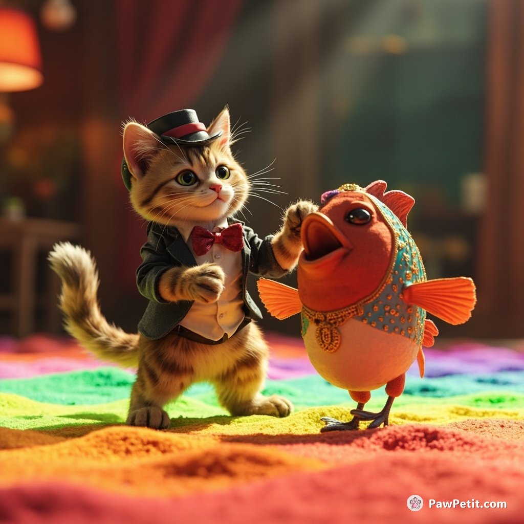 Cat performing a sophisticated Salsa dance with an elegantly dressed fish on a dance floor of shifting rainbow sand.