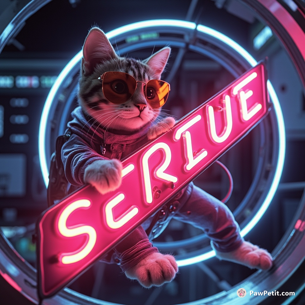 Cyberpunk cat fixing a neon sign in zero gravity.