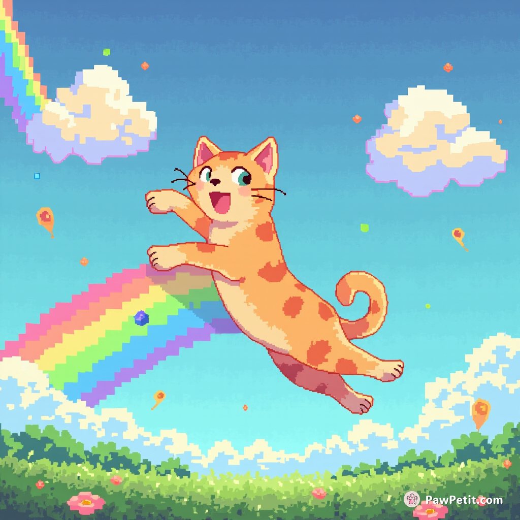 The cat frolics freely, leaping from digital rainbow to animated cloud, exploring the pixels of its virtual world.