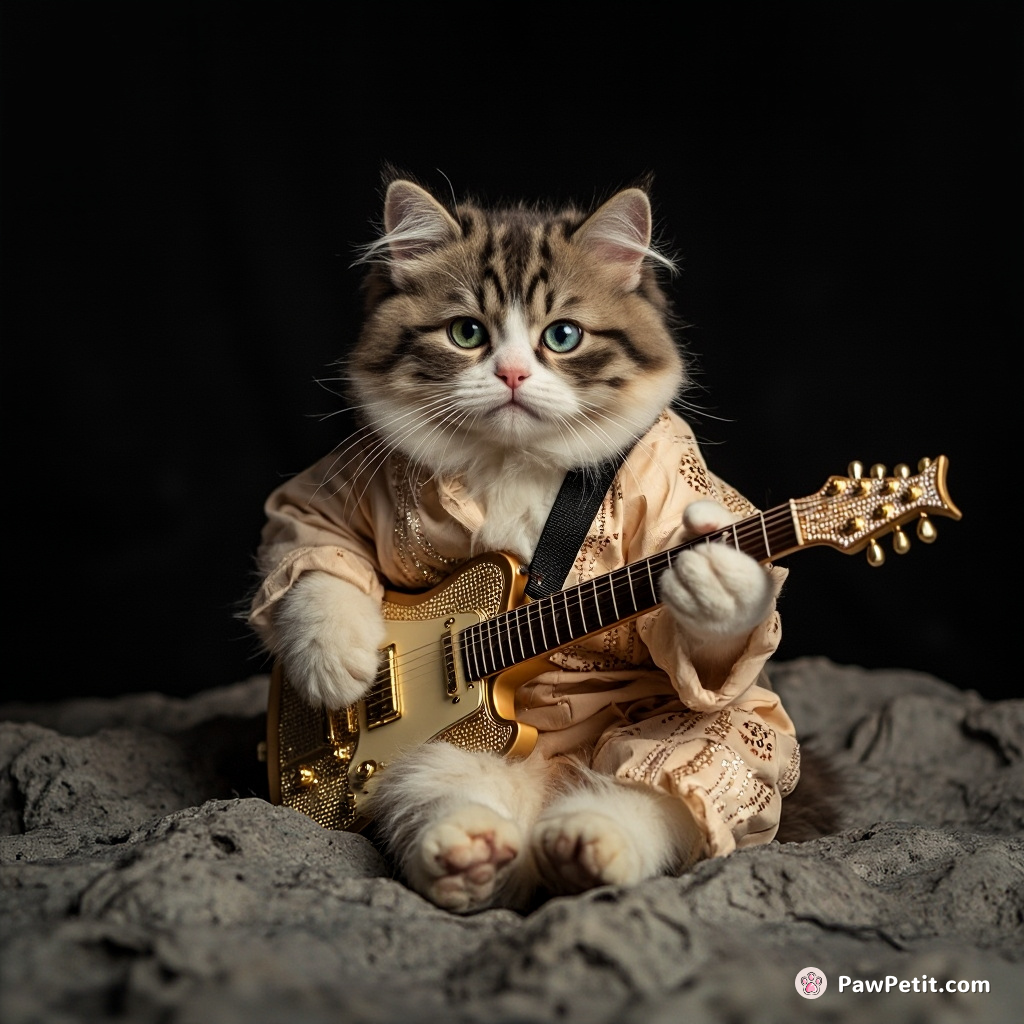 Cat dressed as Elvis Presley playing a diamond-encrusted guitar on the Moon.