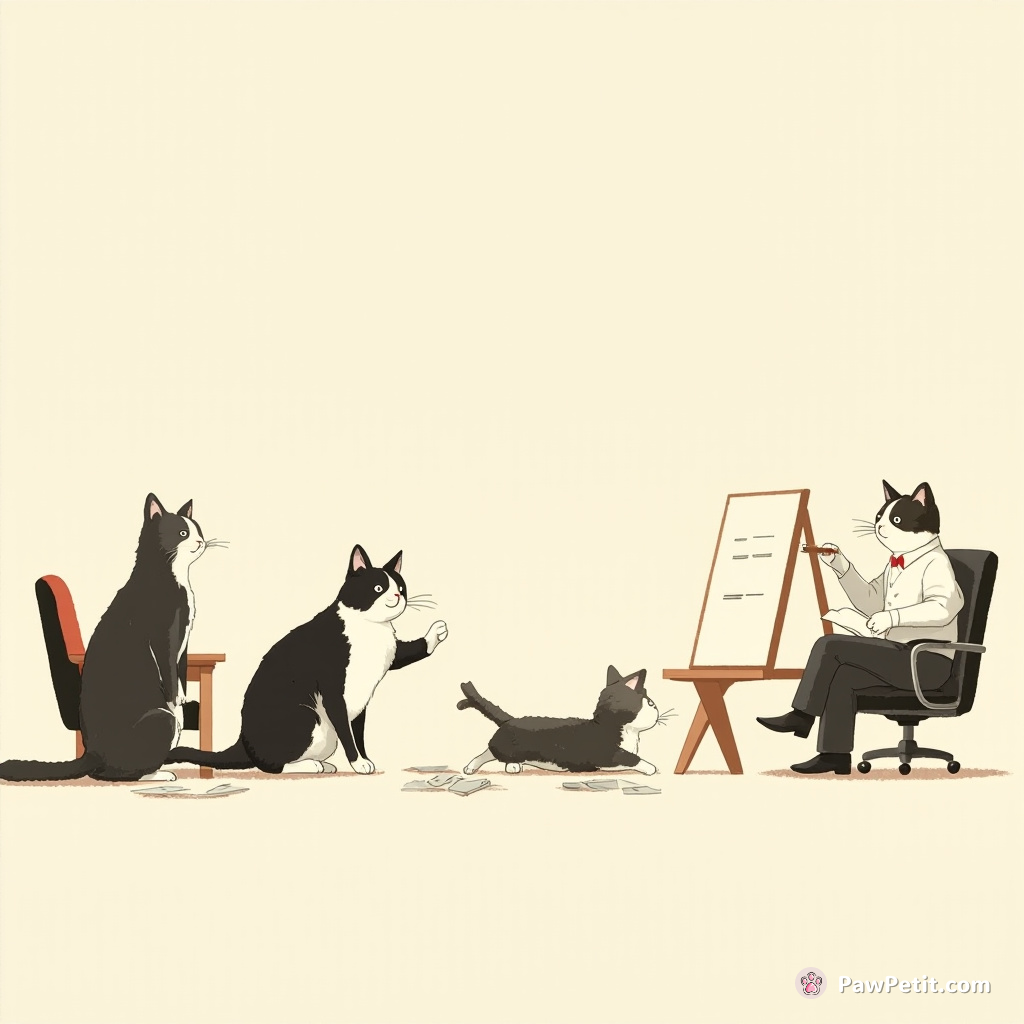 Cats casually conducted board meetings, effortlessly swiping materials off tables with nonchalance during key presentations.