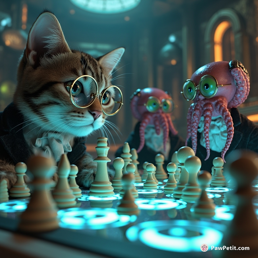 A cat playing a futuristic holographic chess game with alien octopuses, all wearing monocles and Victorian waistcoats.