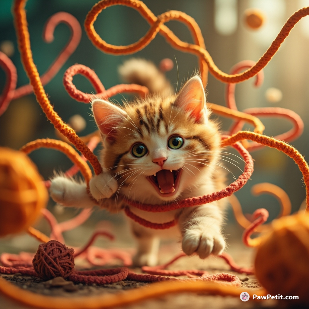 The cat frantically darts and leaps, claws outstretched, trying to escape the chaotic swirl of yarn.