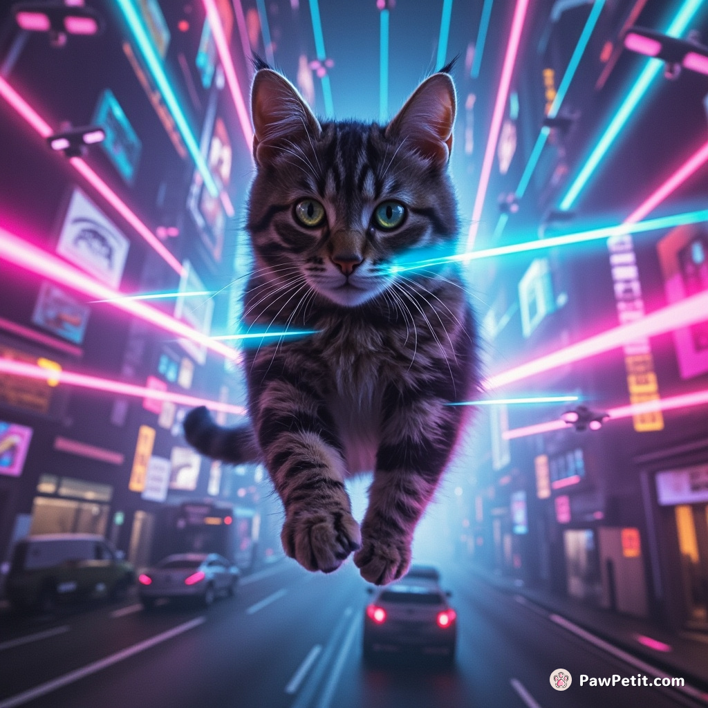 Through holographic forests, the cat swatted silent lasers, nimbly evading hordes of drone traffic in the neon metropolis.
