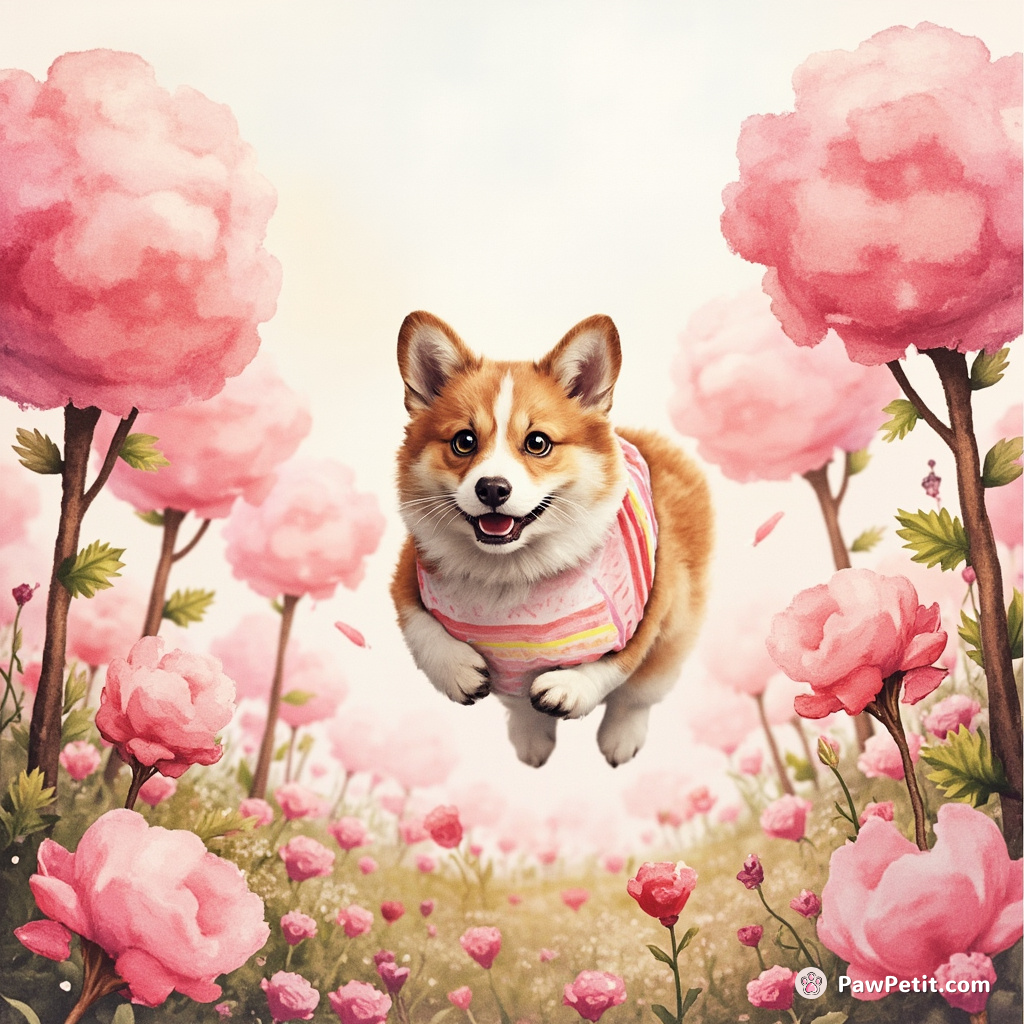 A Nyan Cat zooming through a garden of cotton candy topiaries while barking like a corgi.