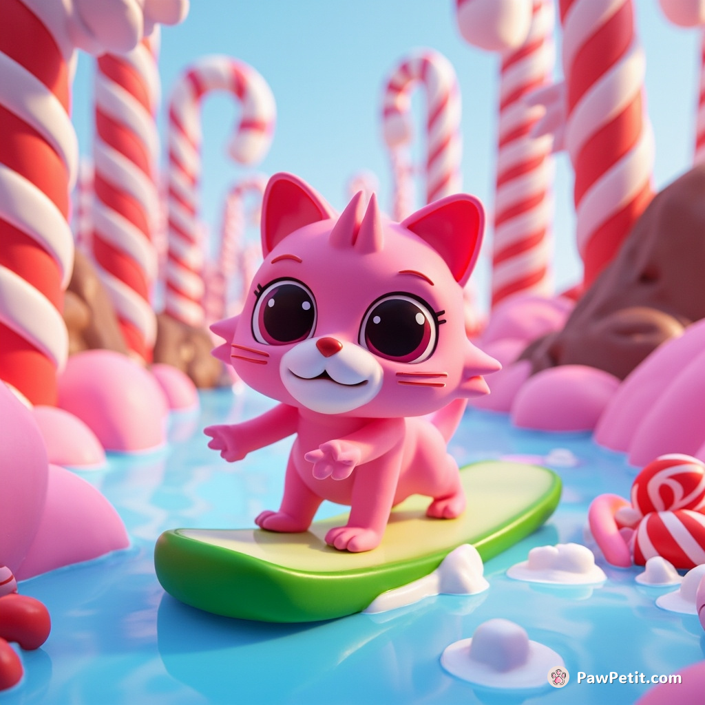 A neon pink cat surfing on a cucumber slice down the chocolate milk river to reach the candy cane forest.