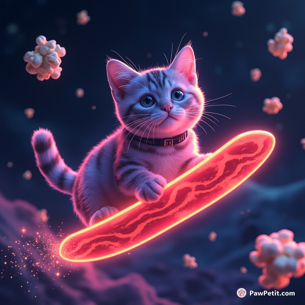 Neon glowing cat surfing on a bacon strip amidst galaxies, dodging popcorn meteors.