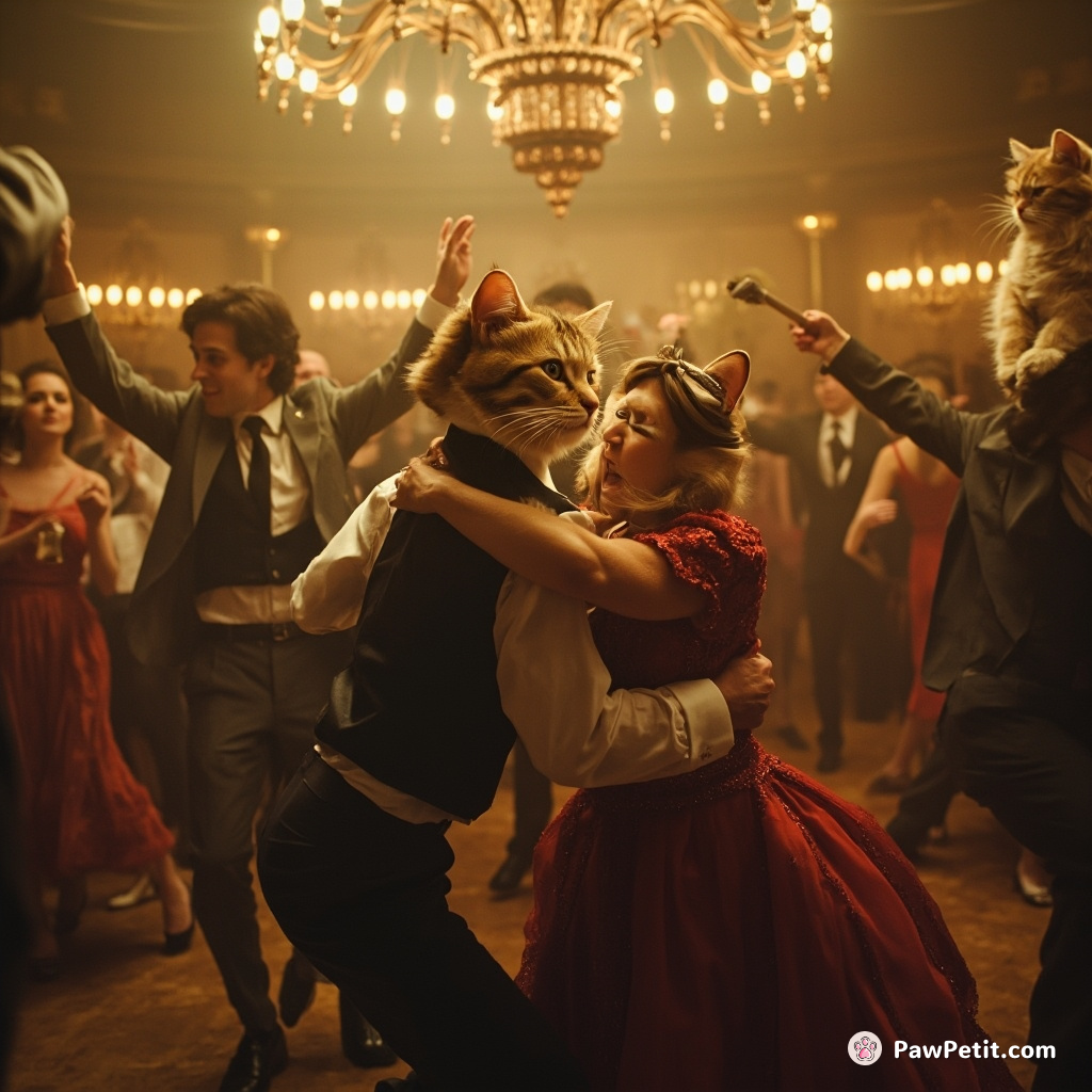 Under stares of disdainful feline overlords, ballroom dance debauchery reaches chaotic highs as humans mimic boundless catnip strategies.