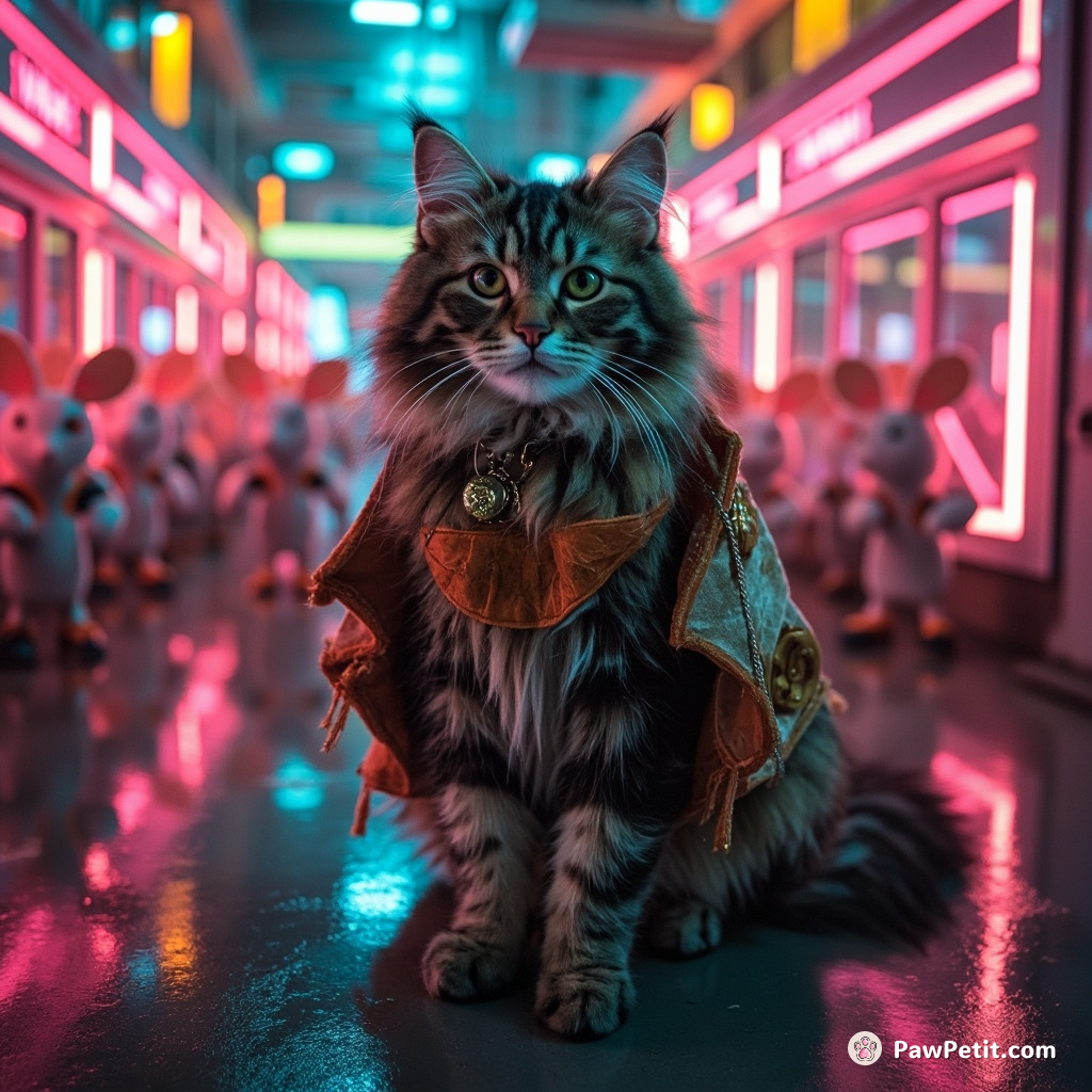 A regal cat commanding an army of robot mice in a neon sushi factory.