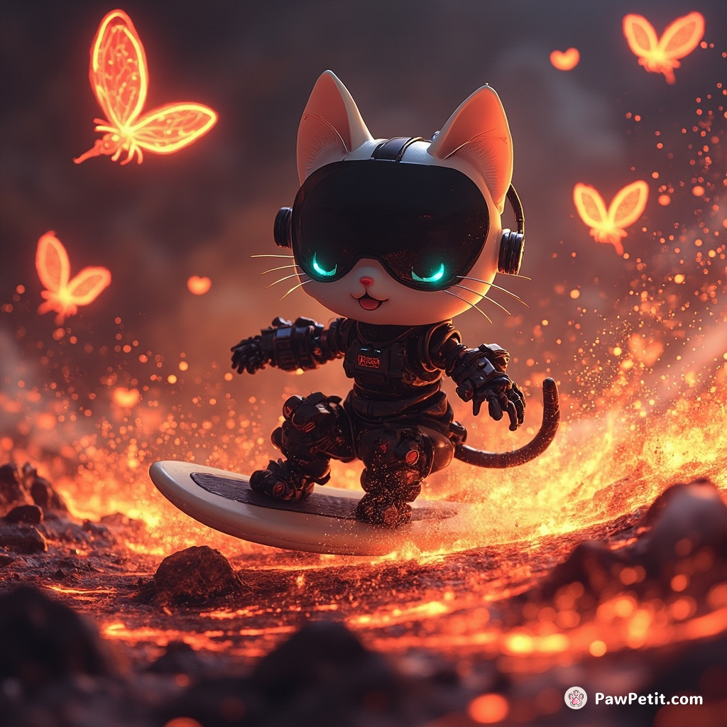 A cybernetic cat surfing on a lava stream with dragonflies made of neon light.