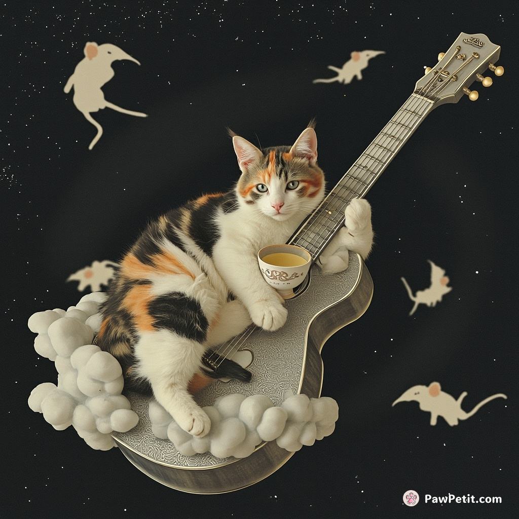 Gothic-style calico cat, delicately sipping moondust tea in a miniature porcelain cup while lounging on a cloud-engraved silver guitar floating majestically through an antique galaxy full of benevolent ghost mice.