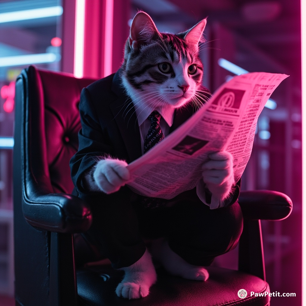 The cat, wearing a mini suit and tie, squats on its chair, flicking newspaper pages with utmost seriousness.