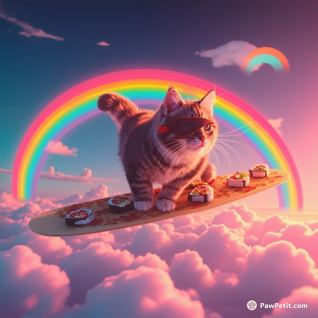 A Cheeto-brushed cat flying over a sushi rainbow on a pizza slice surfboard.