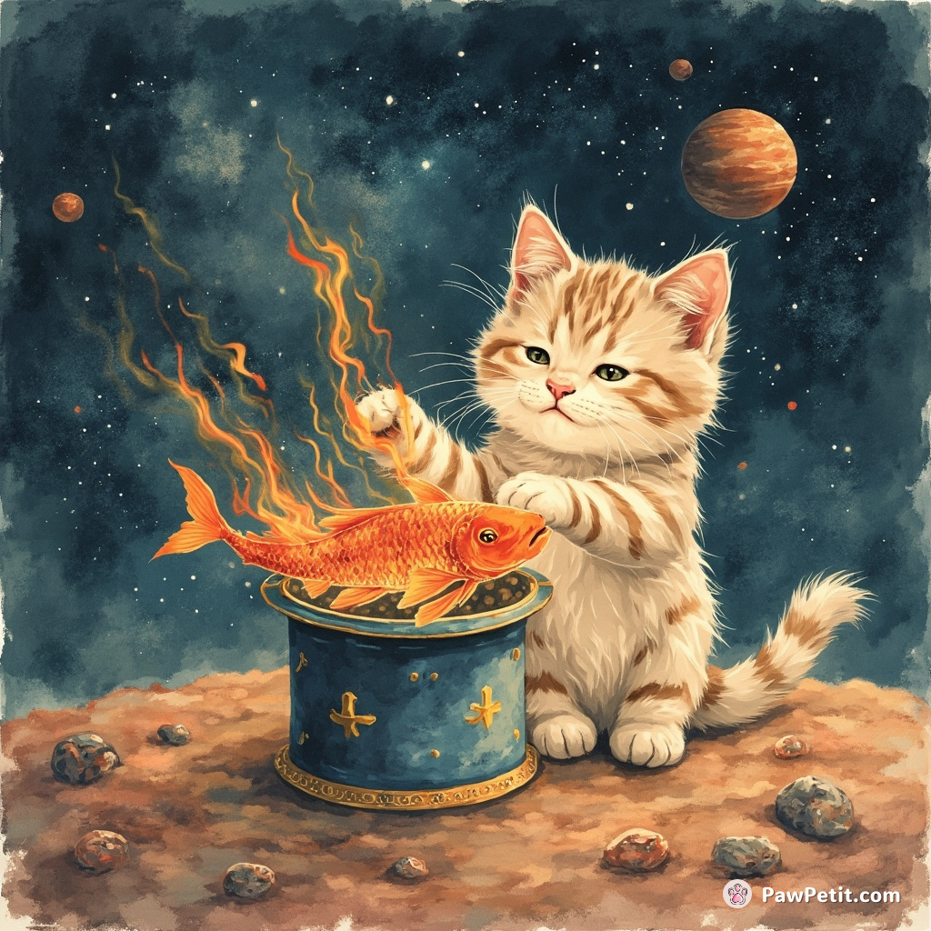 Cat performing a magic trick with flaming fish on an asteroid.
