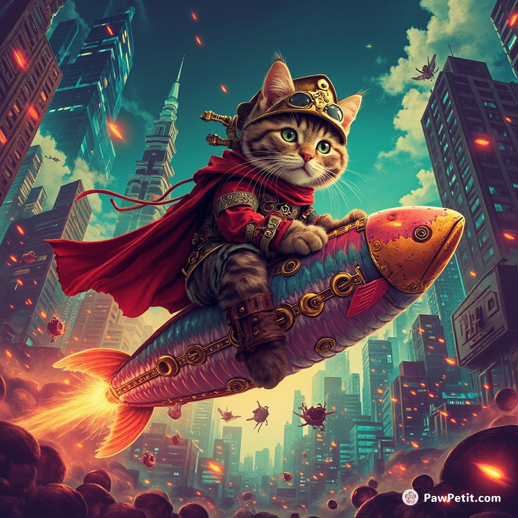 Steampunk crusader cat riding a rocket-powered sardine through a neon, cubist city skyline.