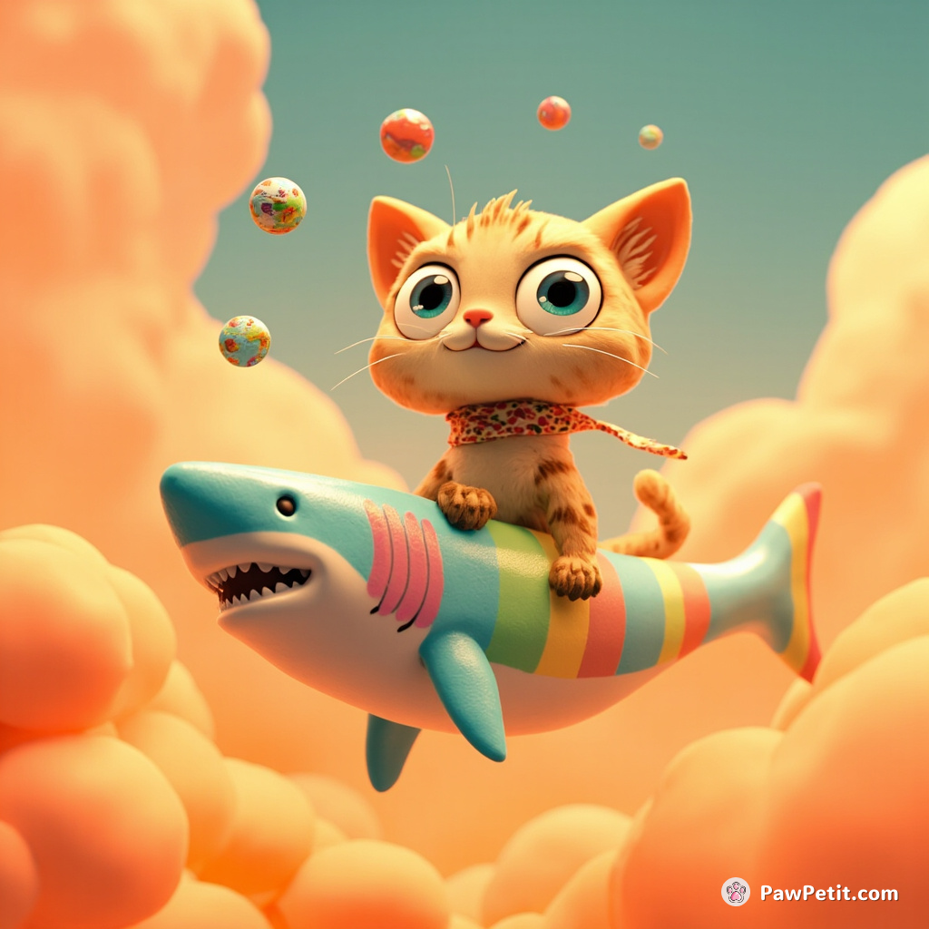 Cat juggling tiny worlds while riding a rainbow-colored shark in an orange jelly sky.