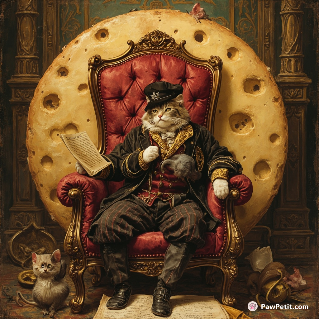 A Victorian aristocrat cat lounged on a velvet throne embedded in a towering cheese wheel, reading ancient writings of mouse civilizations.