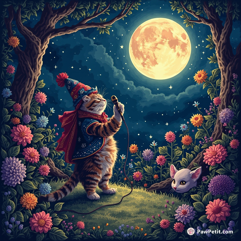 A cat opera singer performing to an enchanted garden full of plant-animal chimeras coming alive under the glowing, multicolored moonlight.