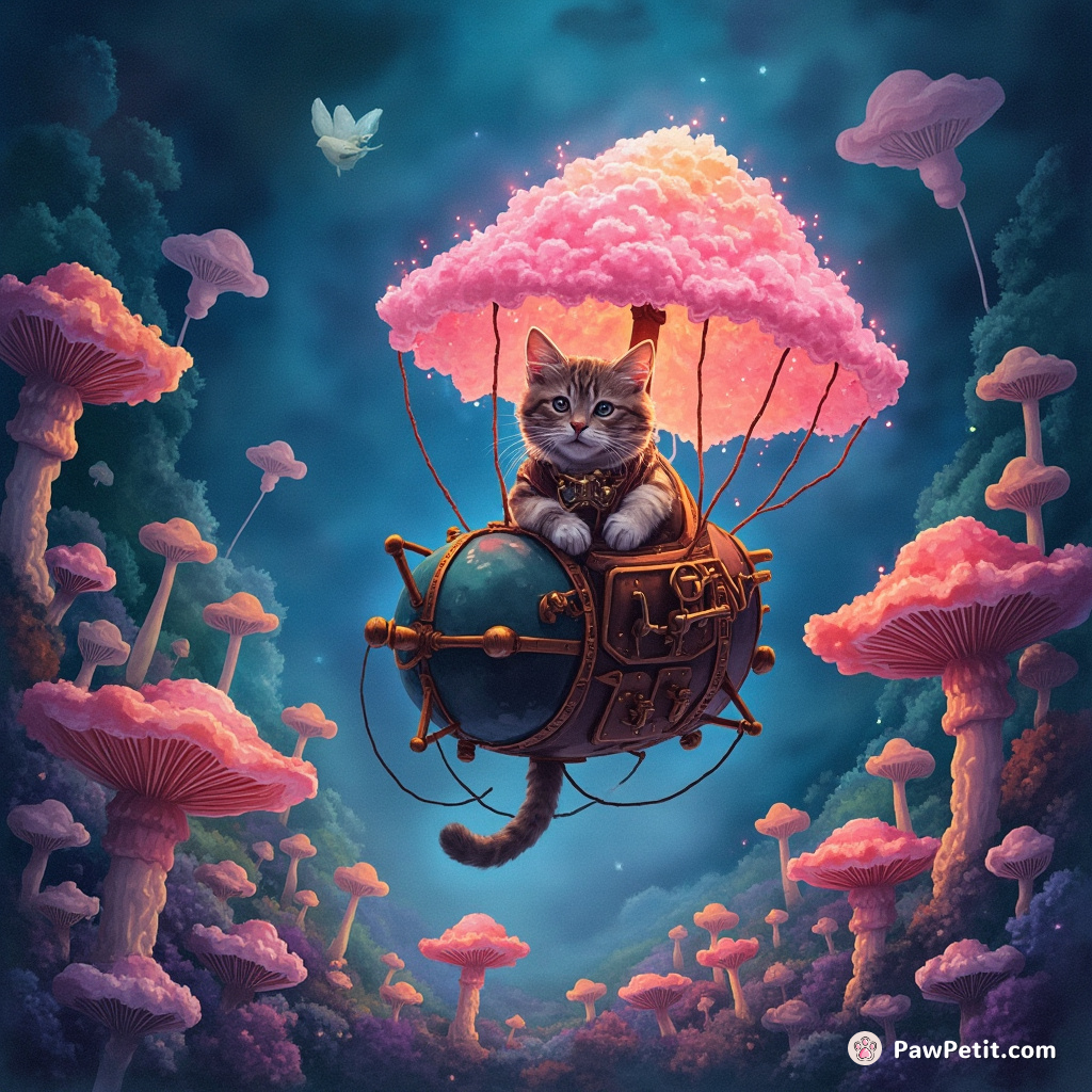 Steampunk cat piloting a jellyfish airship through a neon mushroom forest.