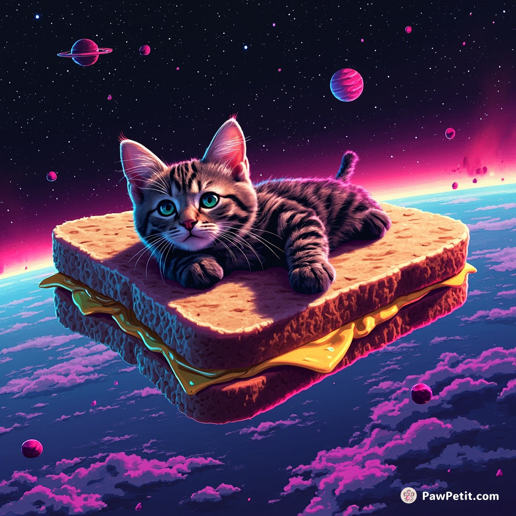 A neon tabby cat lounging on a giant chrome grilled cheese sandwich in zero gravity.