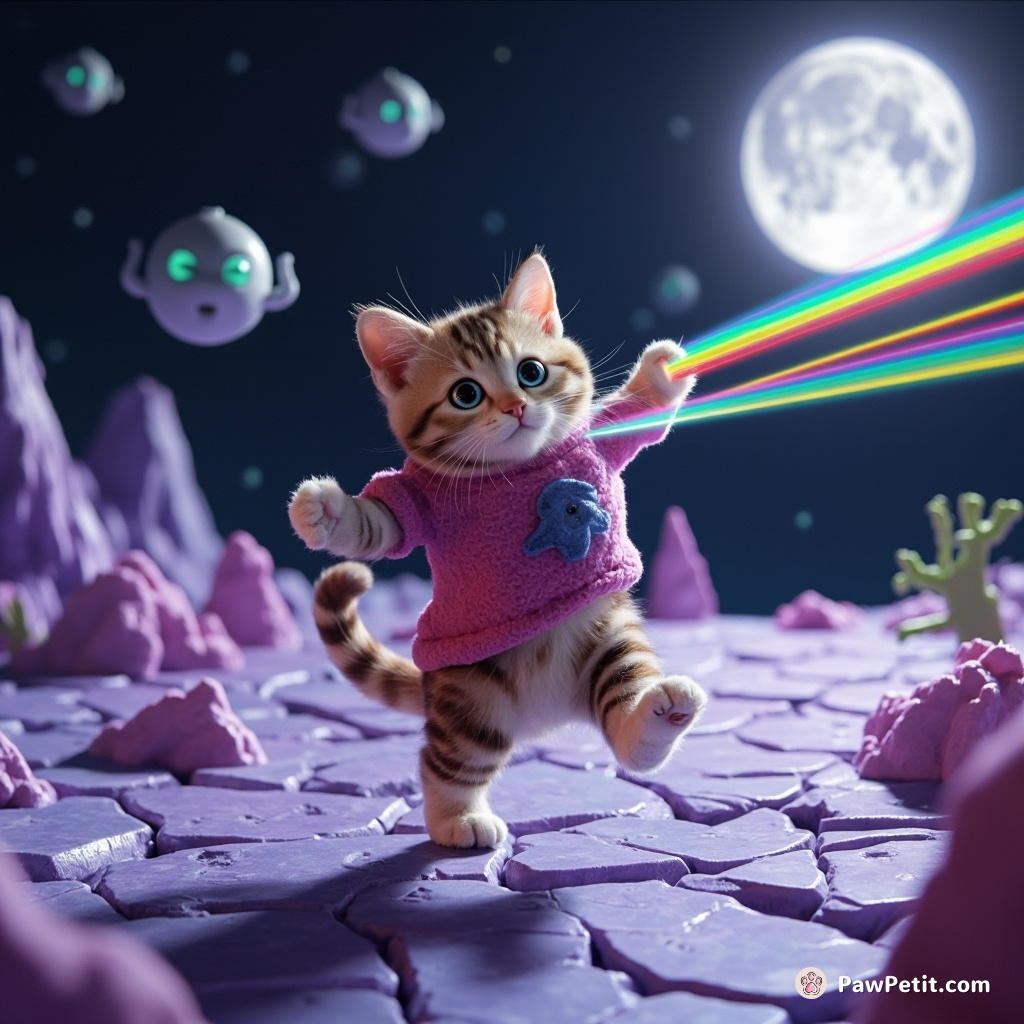 Cat doing a moonwalk on a cracked crystal planet while zapping aliens with rainbow lasers shooting from its eyes.