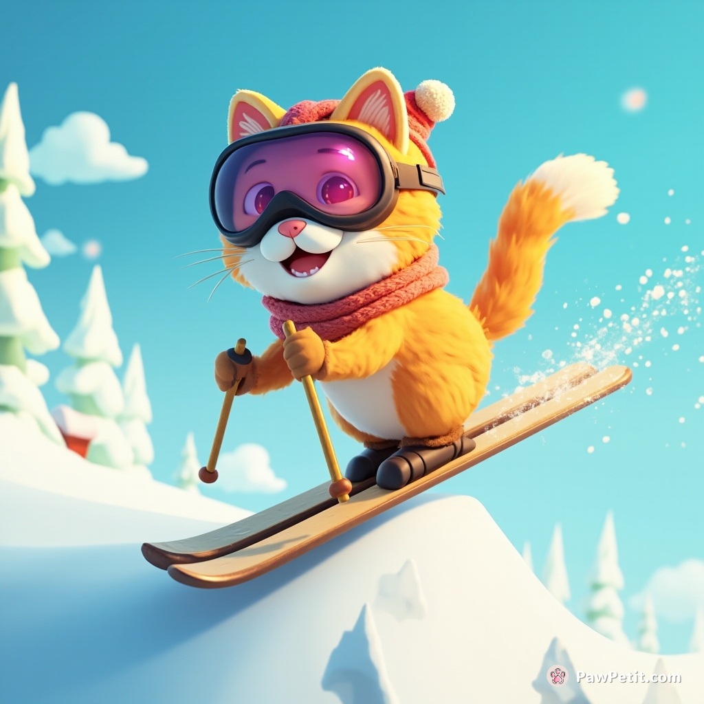 Cat, wearing goggles and tiny hat, precariously teeters attempting descent down ski slope - tail frantically swishing for balance.