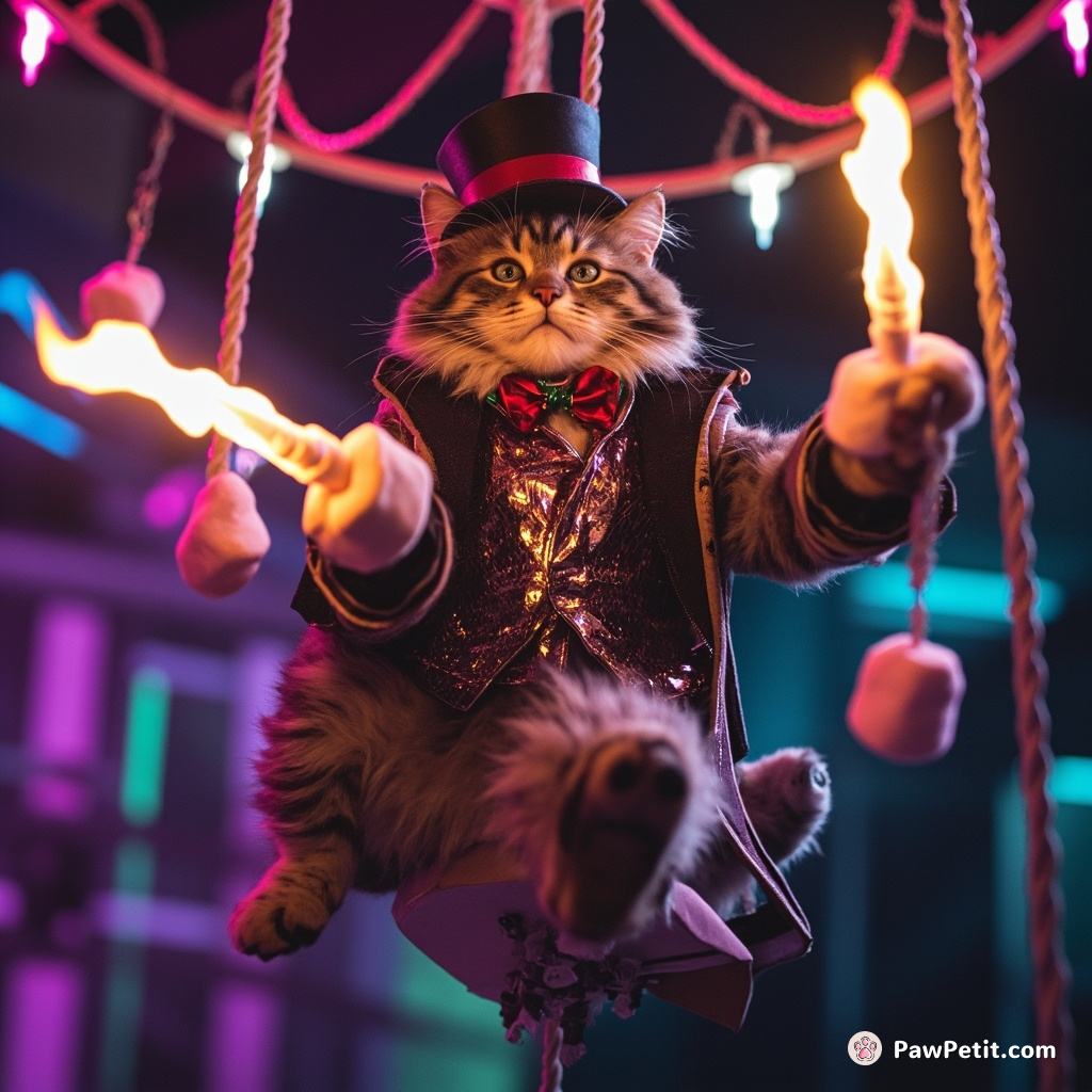 A circus cat performing aerial stunts on a chandelier, juggling flaming marshmallows while wearing a miniature top hat and a sequined waistcoat.