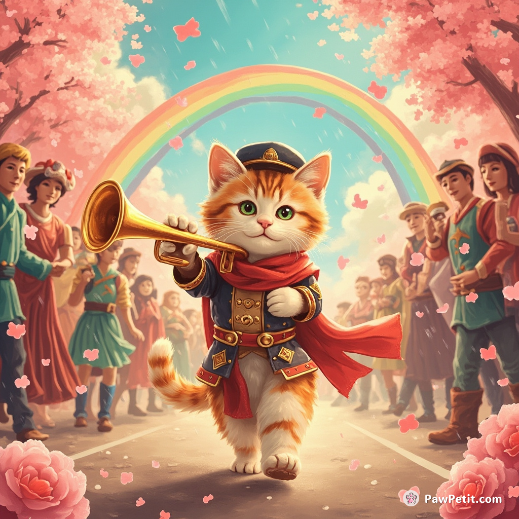 Cat marching a rainbow trumpet parade under the cherry blossom rain.