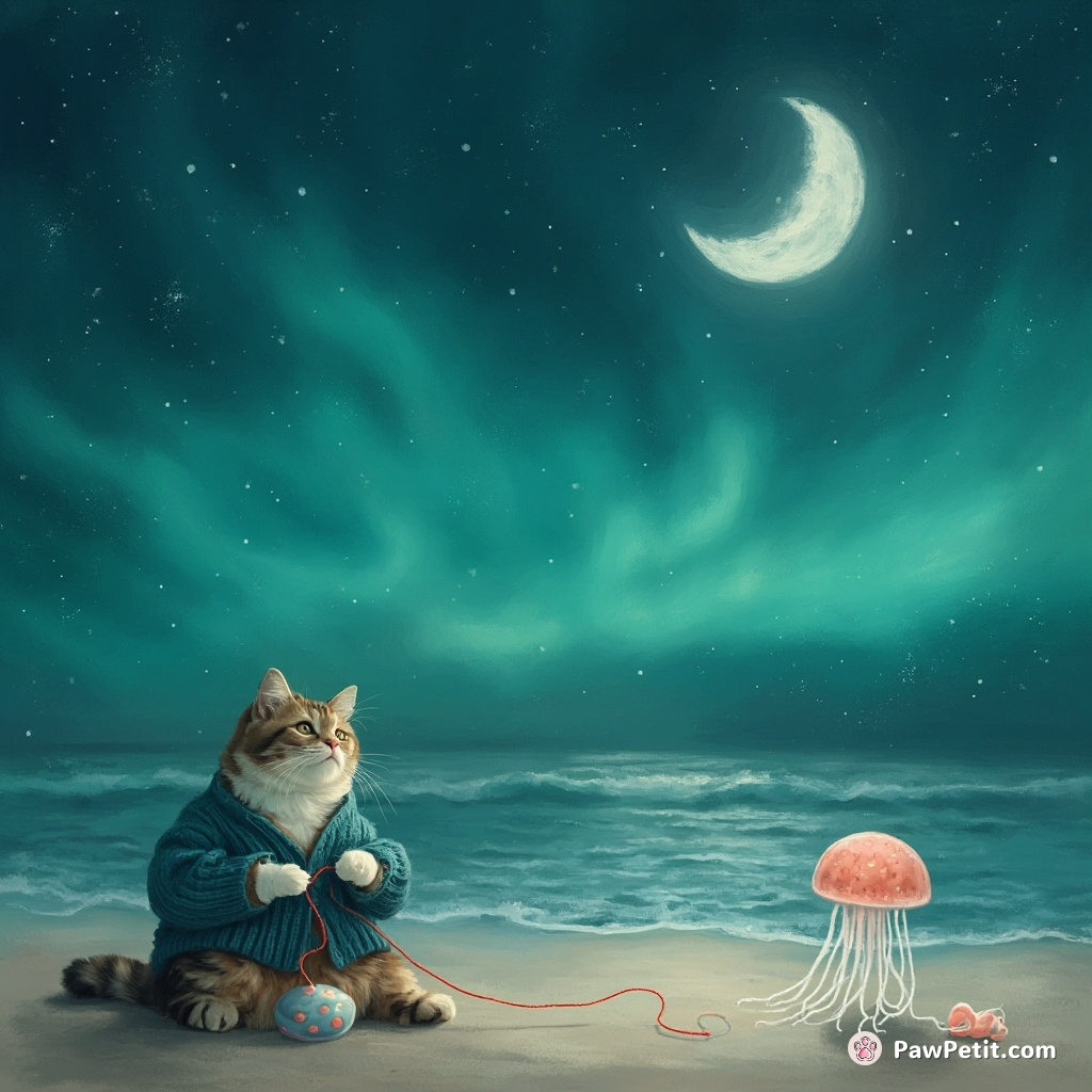 A cat knitting a sweater for a jellyfish on a moonlit beach, with the Northern Lights as backdrop.