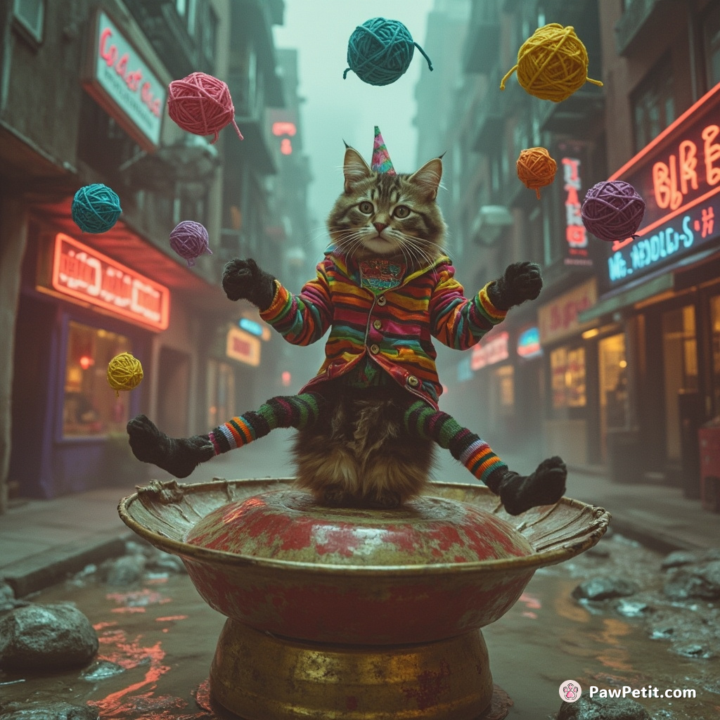 Three-legged circus cat juggling rainbow yarn balls atop a floating tuna can in ghost town.
