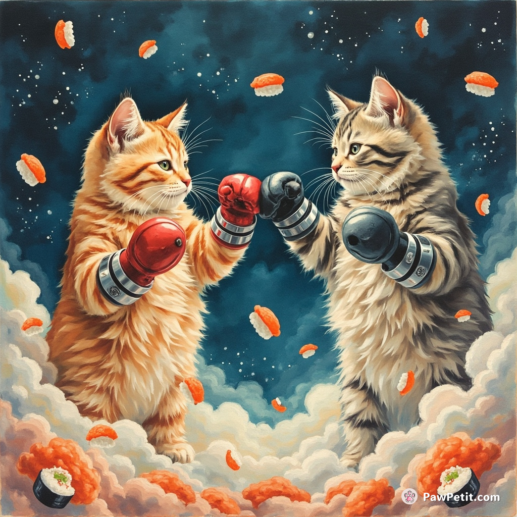 Two cats boxing in space while wearing futuristic laser canon gauntlets, surrounded by floating sushi pieces.
