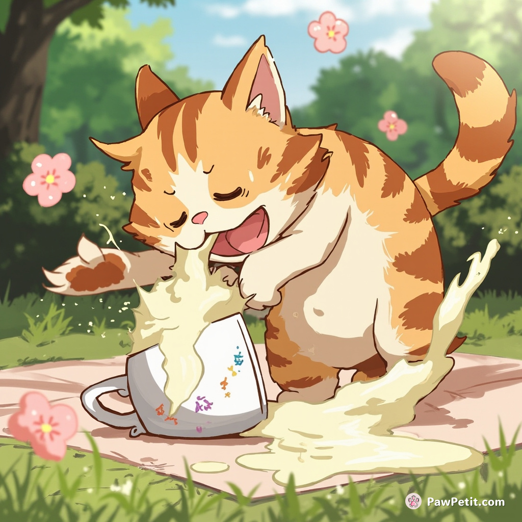 In tumultious outdoor picnic-style chaos, a feisty feline disorderly sips cream from an overturned tea cup.