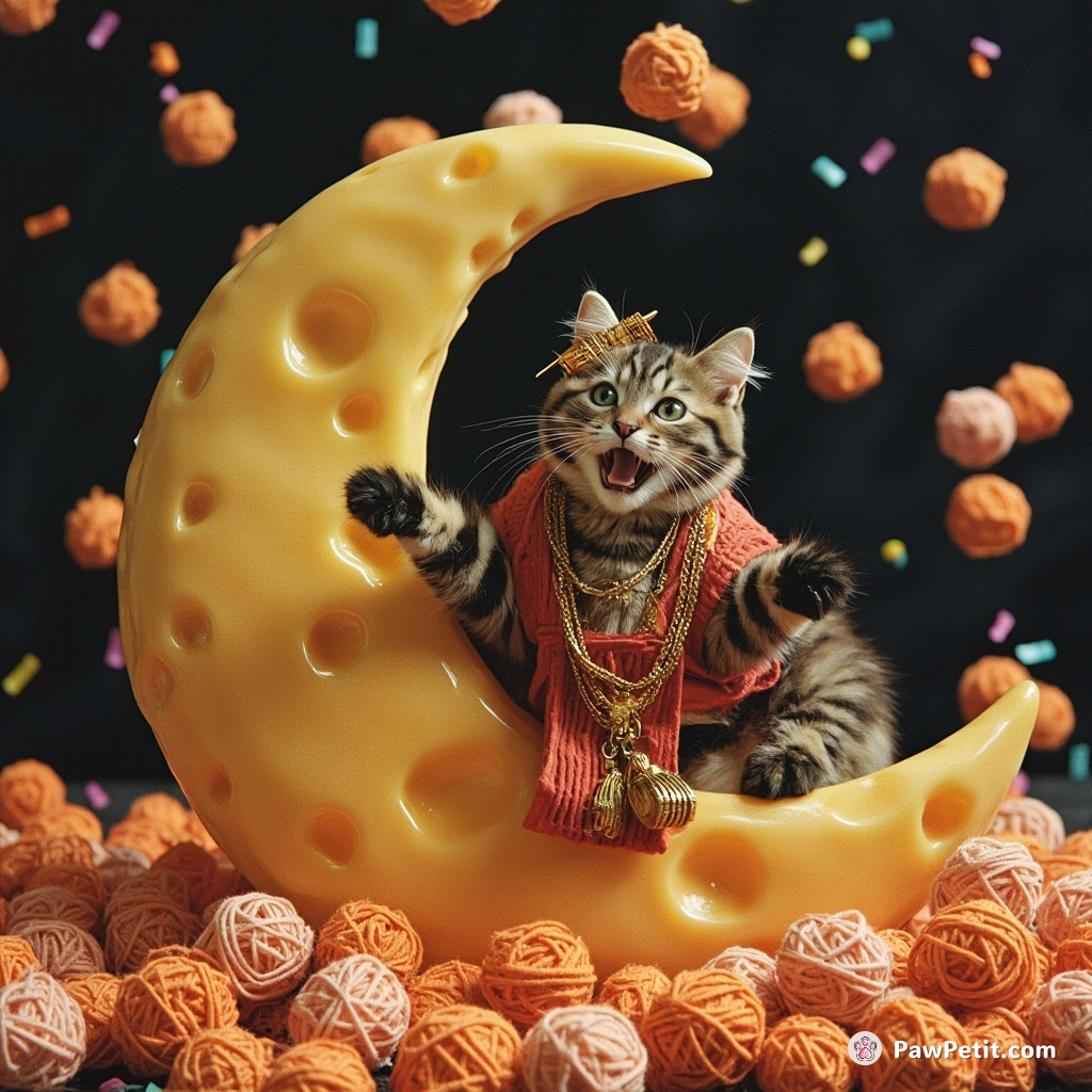 Cat performing a grand opera on a moon made of fish-shaped cheese under a confetti rain of yarn balls.