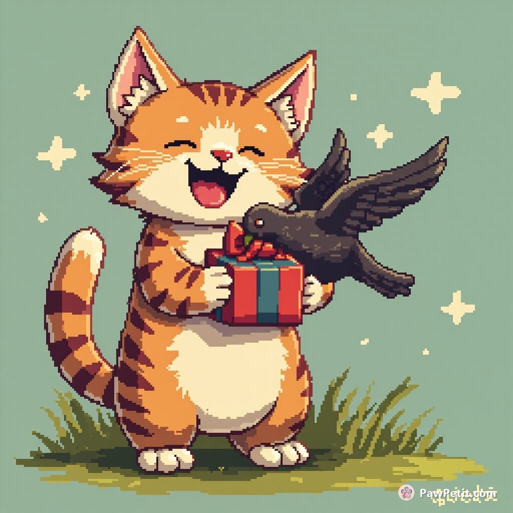 Cat enthusiastically brings dead bird as gift, believing humans hunt like this for food daily.
