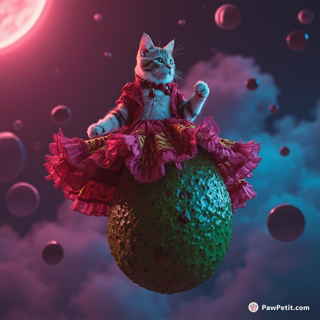 Cat performing a Flamenco dance atop a giant avocado in outer space.