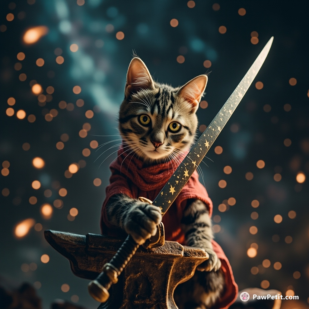 A time-traveling space cat forging an asterism katana on a cosmic anvil.