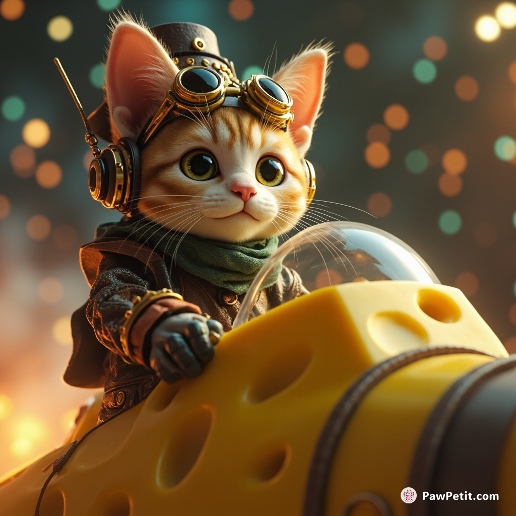 Cybernetic feline commanding a spaceship made of cheese while wearing Victorian-era steampunk attire.