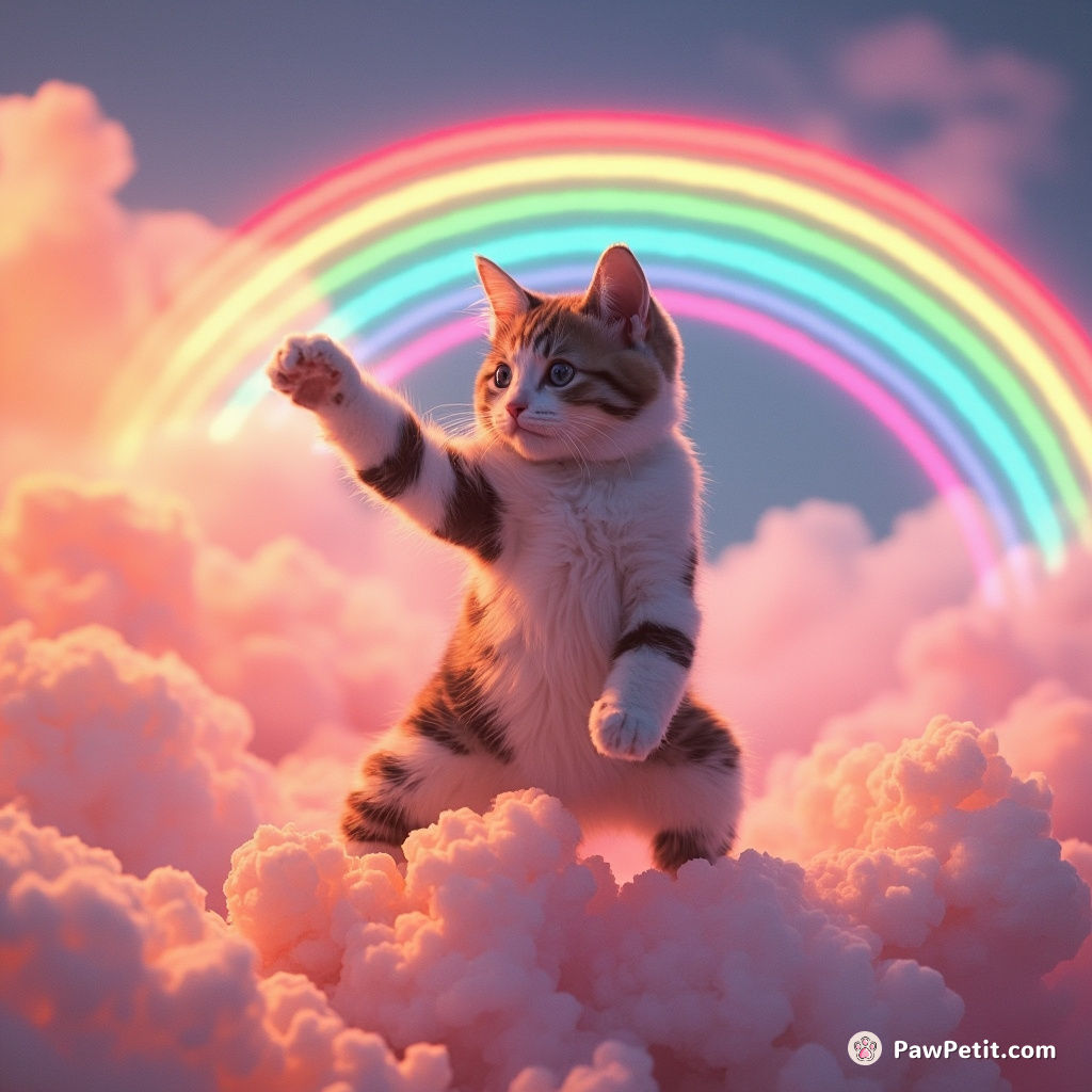 A calico cat practicing kung fu on a popcorn cloud, under a neon rainbow.