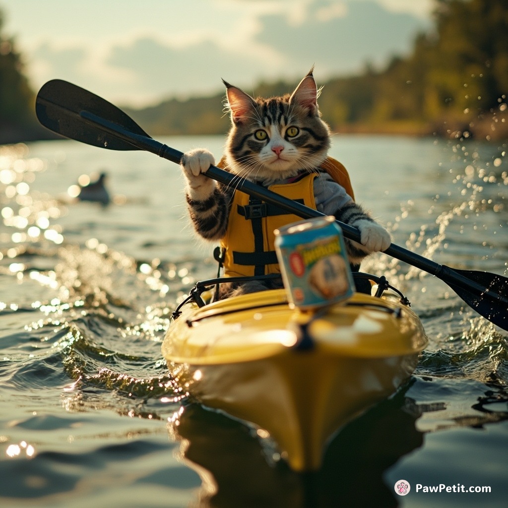 The cat commandeers a kayak, frantically paddling with its paws, chasing a floating tuna can downstream.