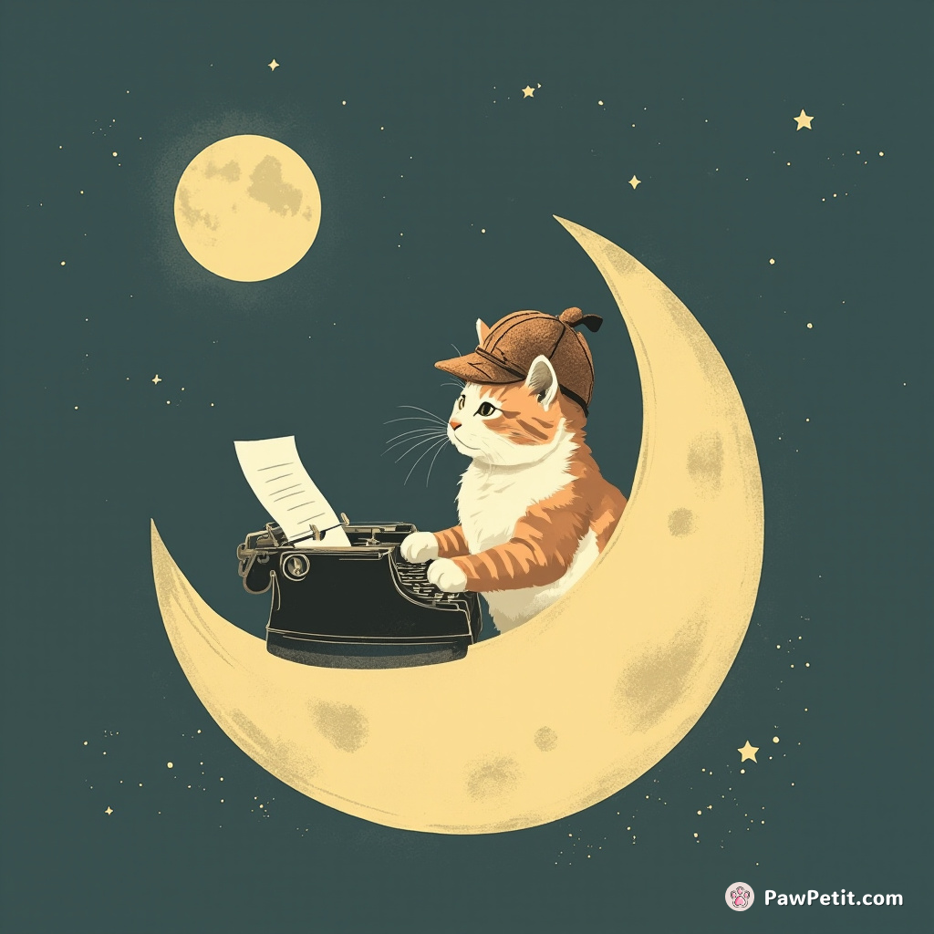 A cat using an old-fashioned typewriter on the moon, typing copies of Shakespeare's plays while wearing a Sherlock Holmes deerstalker hat.