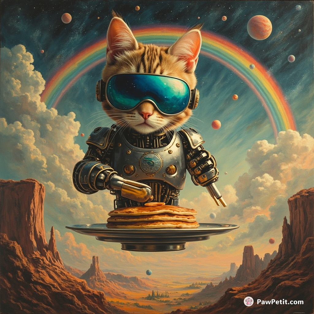 Cyborg cat cooking cosmic pancakes on a floating saucer over an alien landscape under the upside down rainbow.
