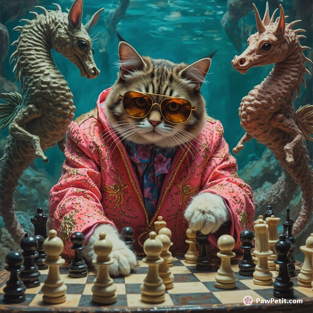 A grumpy cat wearing a neon Elvis Presley costume participating in an underwater chess tournament against martian seahorses.
