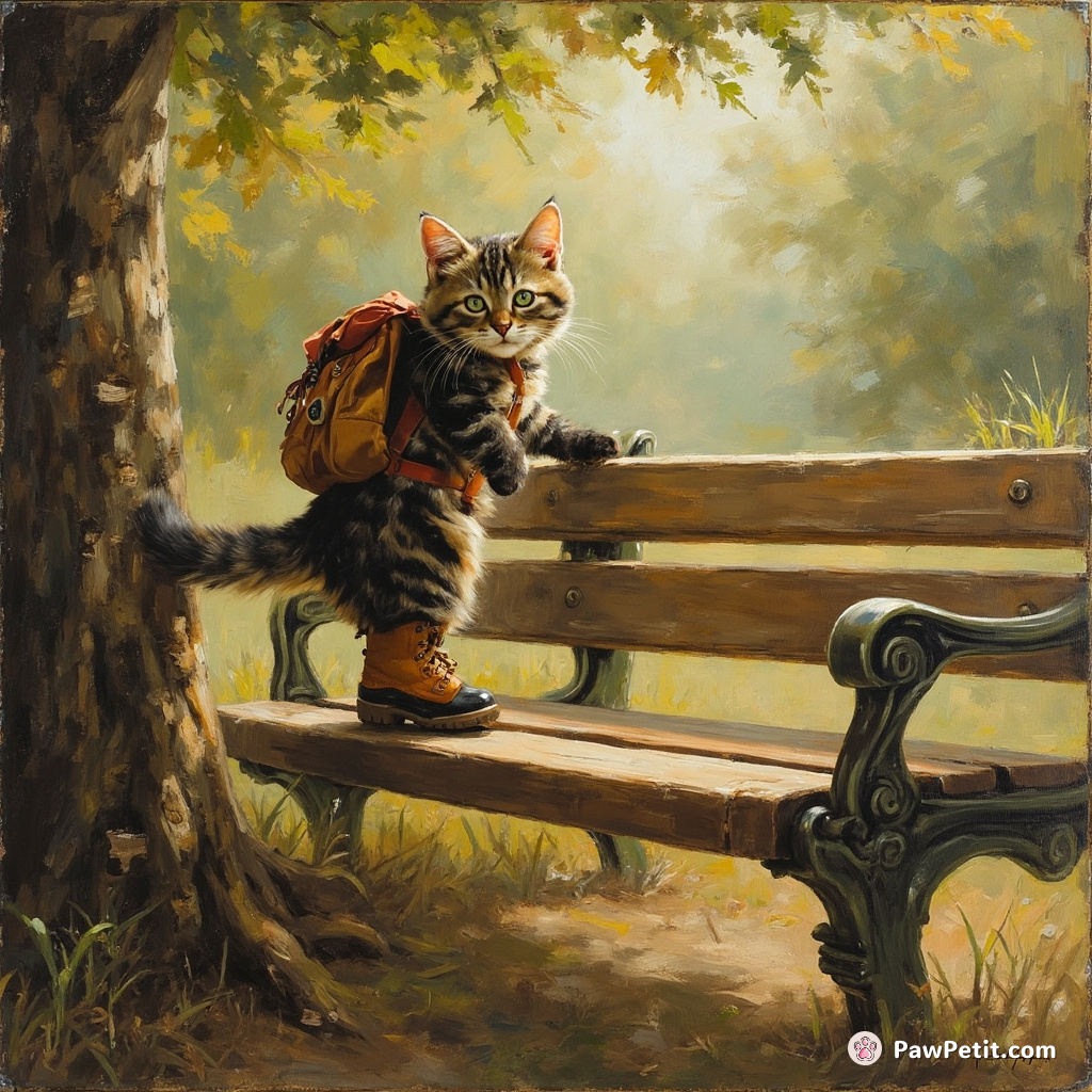 Cat dons tiny hiking boots, scales a tree, and 'conquers' the park bench as its Everest.