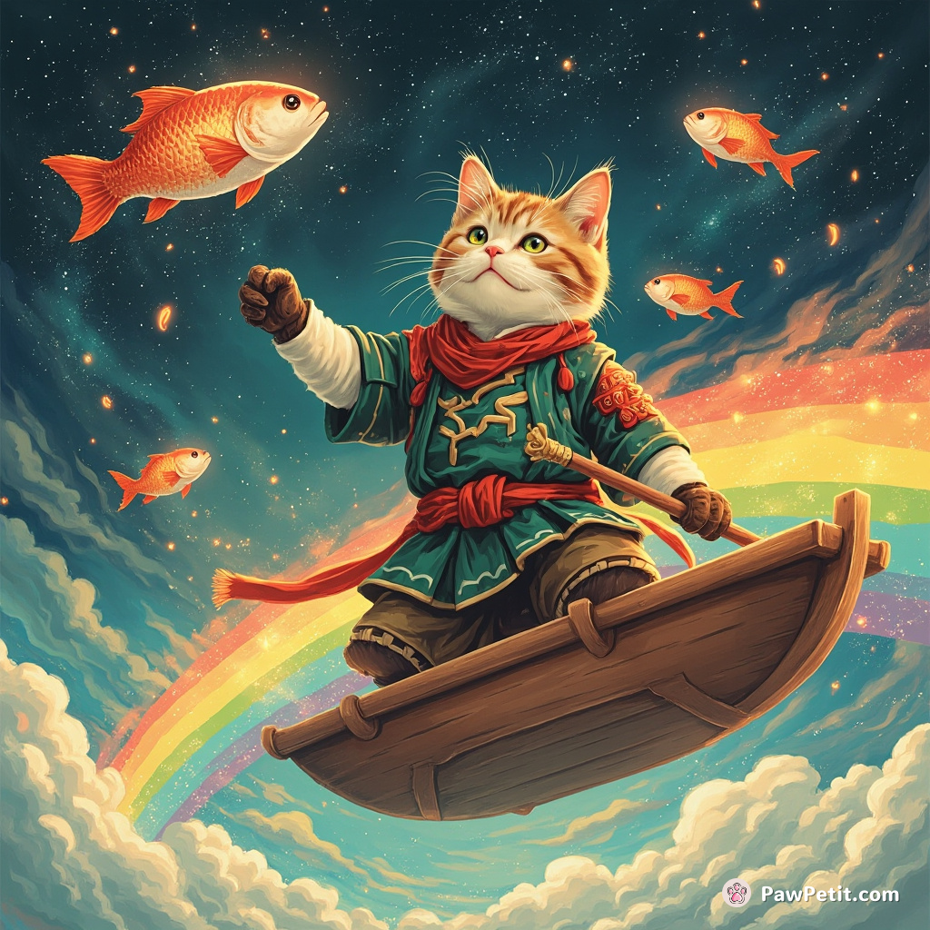 A cat samurai juggling enchanted fish on a drifting rainbow spaceship.