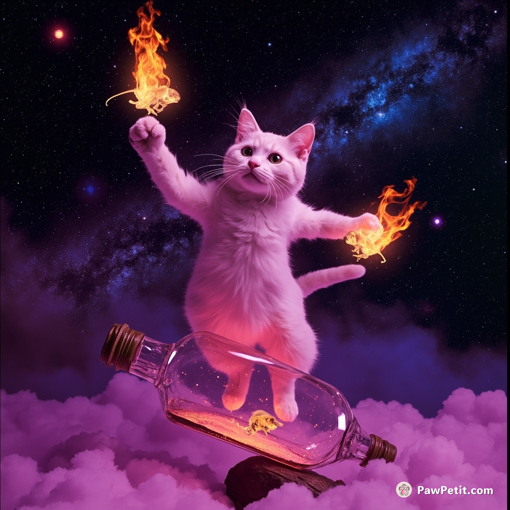 A neon-pink cat juggling flaming mice on a balance beam inside a glass bottle set adrift in the universe with galaxies as backdrop.
