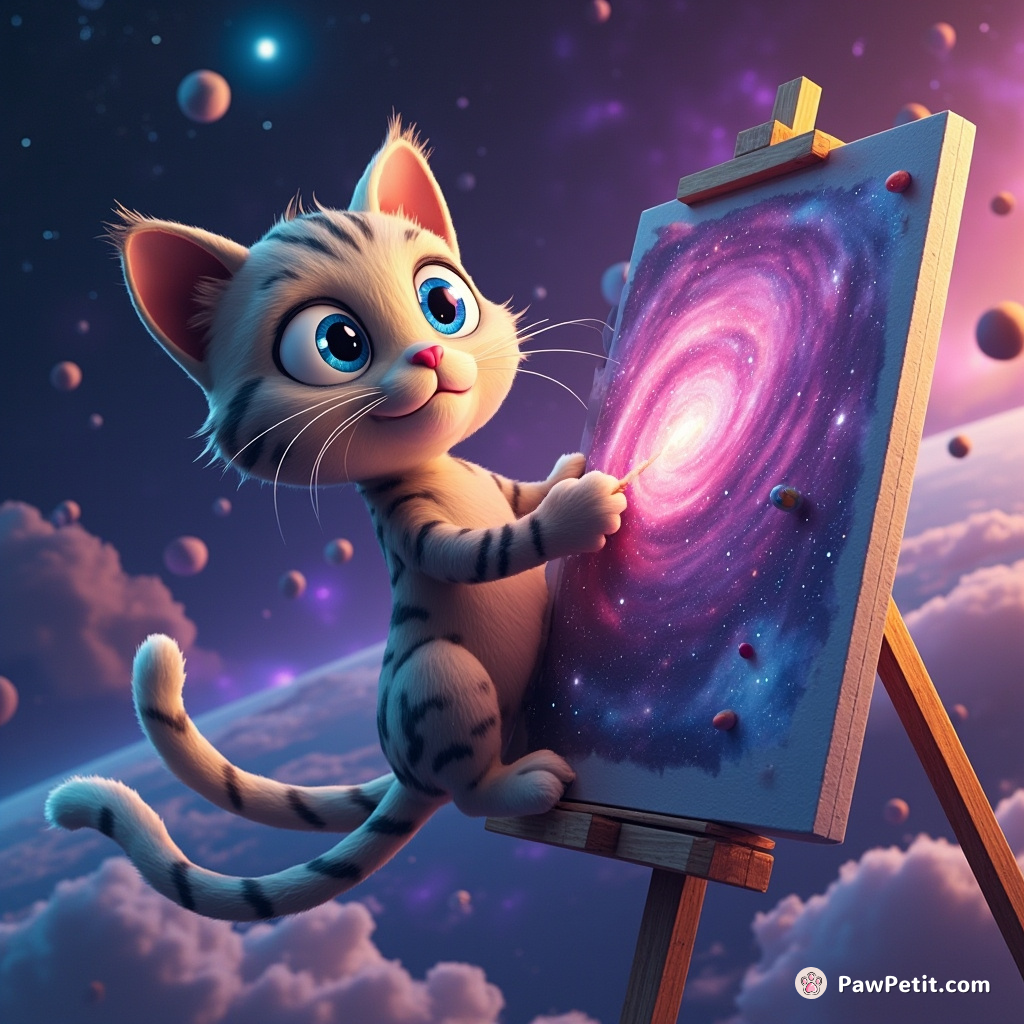 A giant three-eyed futuristic cat using its tail to paint a nebula on the timeline of another universe on an oversized canvas floating in hypersonic space.