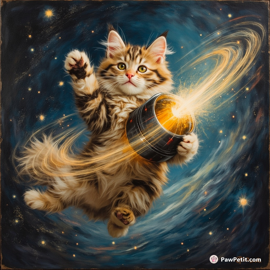 Fluffy whirls the Quantum Flux Capacitor, warping spacetime with a flick of her tail and a mischievous meow.