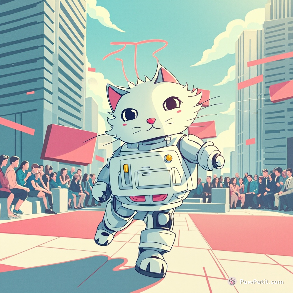 In a futuristic city, a cat "Mew Turing" hacks a robot to win a dance-off against humans.