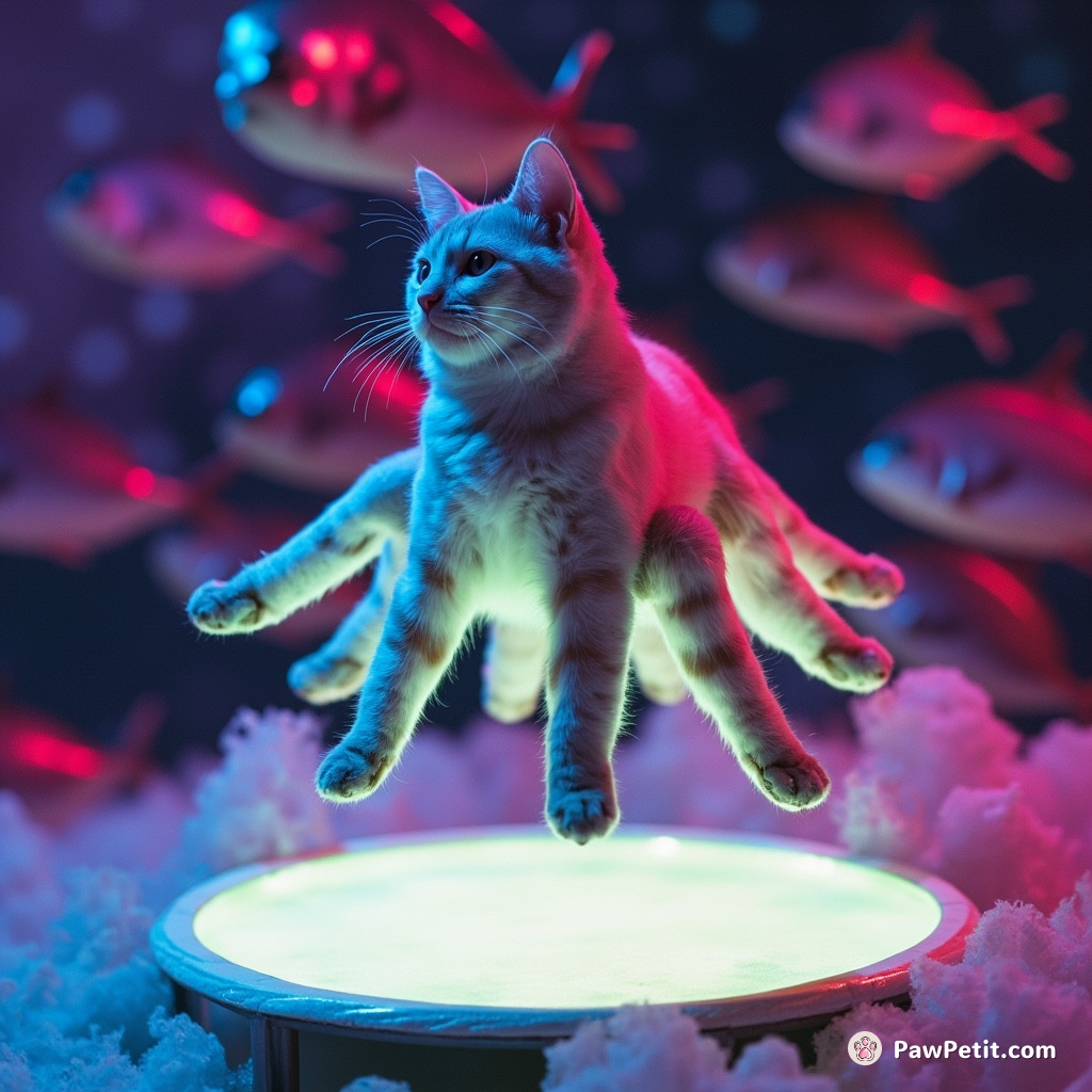 Cat with eight legs bouncing on glowing moon-cheese trampolines in a galaxy of floating tuna fish.